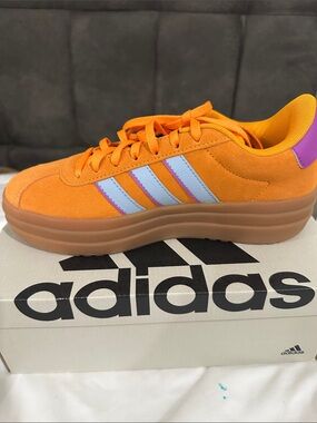 adidas Orange Suede Platform Sneakers with Light Blue Stripes and Purple Heel